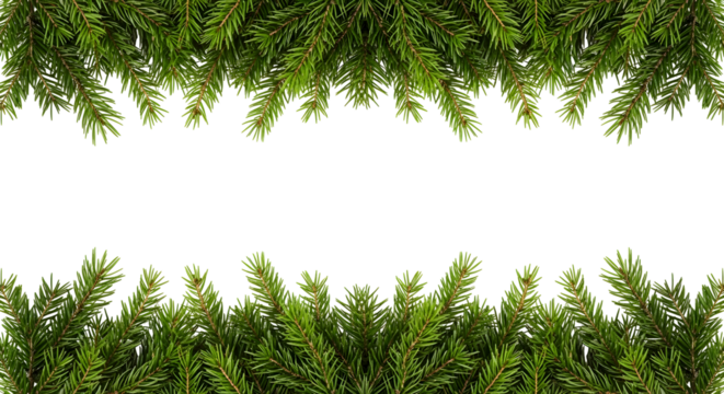 A horizontal banner with a frame of fresh green fir branches at the top and bottom on an isolated white backdrop