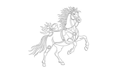 Fototapeta premium Majestic horse captured in a dynamic rearing stance, showcasing powerful equine grace and freedom through intricate line art illustration, embodying strength and spirited movement