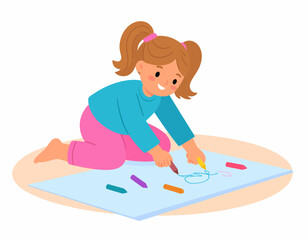 A young girl with pigtails sits on the floor, drawing with crayons on a large sheet of paper, smiling happily.