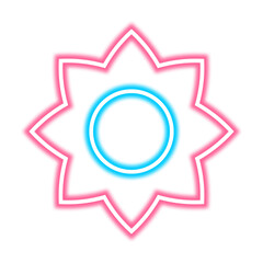 A stylized flower design with eight pink petals outlined in neon, surrounding a central blue neon circle.