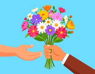 Two hands, one offering a colorful bouquet of flowers, including daisies, to another hand against a light blue background.