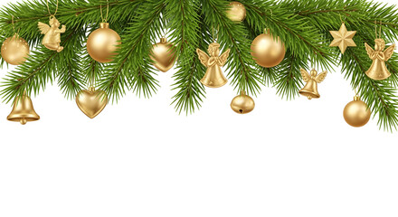 Obraz premium Festive Christmas tree branches adorned with golden ornaments and festive decorations on a white background