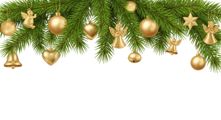 Festive Christmas tree branches adorned with golden ornaments and festive decorations on a white background