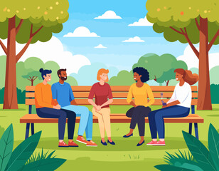 A group of five diverse people are sitting on a park bench, talking and enjoying the sunny weather.