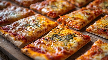 Close-up of many rectangular slices of pizza