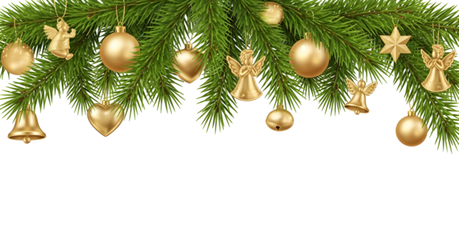 Festive Christmas tree branches adorned with golden ornaments and festive decorations on a white background