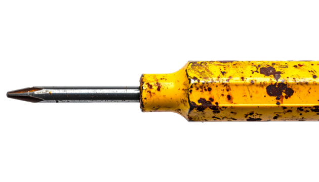 Rusty Steel Screwdriver with Chipped Yellow Handle – High-Resolution PNG - Powered by Adobe