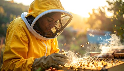 Beekeeper in protective gear works with bees on a frame under golden sunlight, with smoke, outdoors