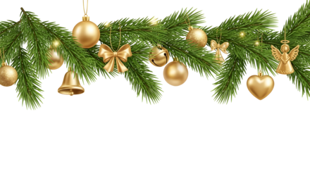 Festive Holiday Garland with Golden Ornaments and Christmas Tree Branches - Seamless Border Design