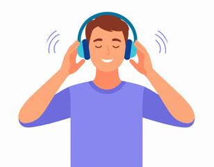 Man with closed eyes enjoying music through blue headphones, holding earcups with both hands.
