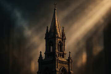 Dramatic view of a church steeple with a cross against a moody sky