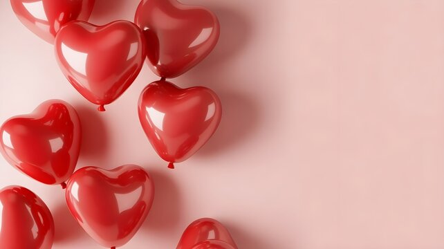 Shiny red heart shaped balloons floating against a soft pink background for romance
