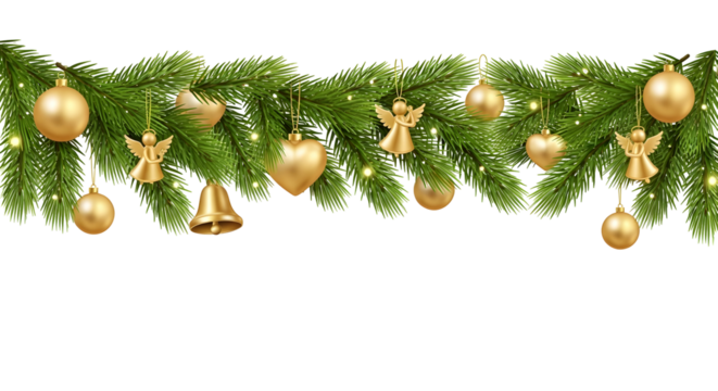 Festive Christmas garland with golden ornaments and fairy lights, perfect for holiday decorations