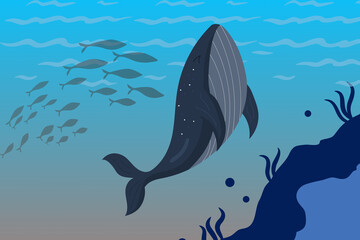 Deep Sea Background with Big Whale and Marine Life
