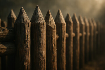 Rustic wooden fence with pointed posts in a natural, outdoor setting