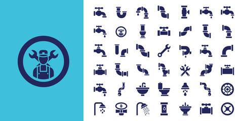 A comprehensive collection of flat vector icons for plumbing services and water supply systems