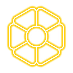 A glowing yellow geometric design featuring a central circle surrounded by six triangular shapes within a hexagon outline.