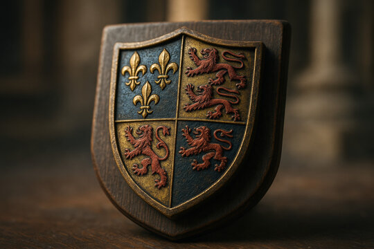 Close-up of a heraldic shield with fleur-de-lis and lions on a wooden plaque