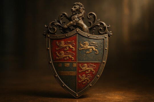 Heraldic shield with lion rampant and decorative embellishments on a wooden surface