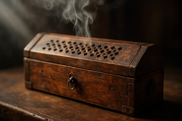 Wooden incense box with smoke rising against a dark background