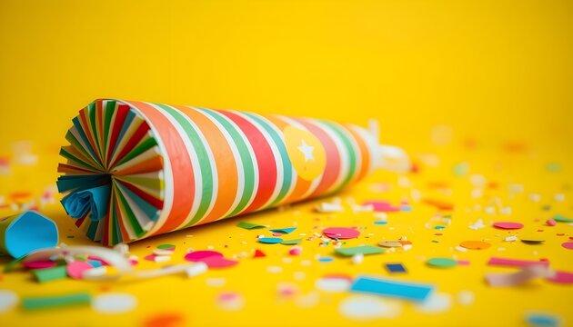 Celebration event with party horns yellow background festive decor vibrant atmosphere