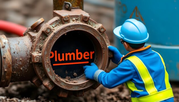Plumber working on pipe installation construction site action shot outdoor close-up
