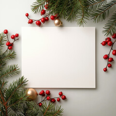 Christmas Pine Branches with Red Berries on White Background with Copy Space