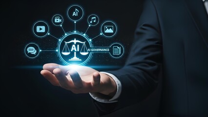 AI Governance and Ethical Technology Interface Digital Hologram of Balanced Scales and Icons Futuristic Visualization of Artificial Intelligence Impact