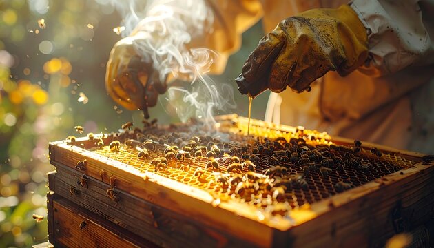 Beekeeper inspecting honeycomb frame with bees, wearing protective suit and gloves; smoke in background, sunny ambiance