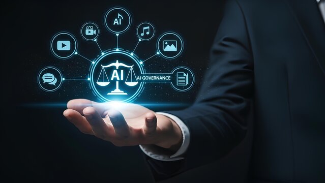 AI Governance and Ethical Technology Interface Digital Hologram of Balanced Scales and Icons Futuristic Visualization of Artificial Intelligence Impact - Powered by Adobe