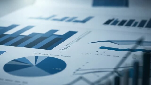 Detailed Financial Charts and Graphs with Blue Tones Emphasizing Data Analysis Trends in White Background for Business Reports and Investment Overview