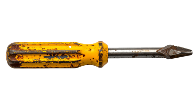 Worn Yellow Grip Screwdriver with Oxidation and Industrial Aging Effects