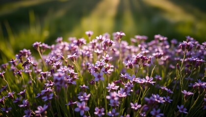 Naklejka premium Delicate purple wildflowers blooming in a sunny field nature photography spring vibe