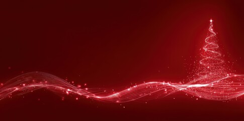 Glowing Christmas tree made of sparkling light trails on a red background with flowing wave lines and wide empty space, idea for festive designs and holiday marketing visuals
