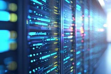 Close-up of glowing blue server racks with vibrant data streaks in a modern IT data center, idea for digital infrastructure visuals and technology network presentations