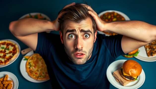 Overwhelmed by food choices home kitchen lifestyle photography indoor close-up decision paralysis