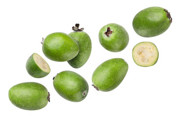 Feijoa fruits and halves flying close-up on a white. Isolated