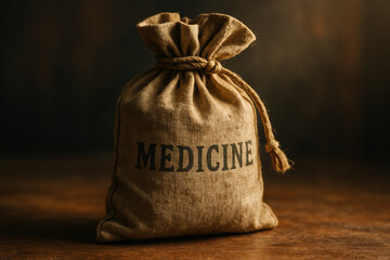 Rustic medicine bag on a wooden surface, concept of healthcare and remedies