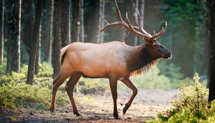 Fototapeta premium Wapiti Elk Deer Walking In The Forest