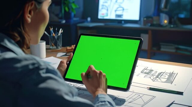 Designer working on a tablet with a green screen in a modern office at night.