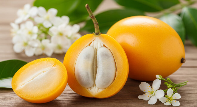 Ripe achachairu fruit halves showcasing juicy pulp and seeds with delicate white blossoms on a rustic wooden surface, ideal for healthy eating content