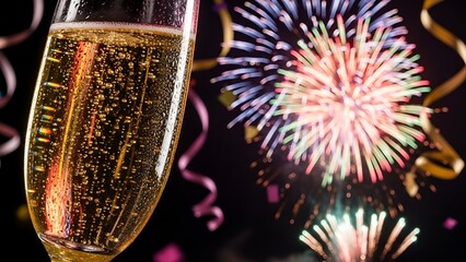 Sparkling champagne in a glass with fireworks and streamers against a black backdrop