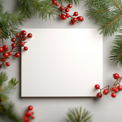 Christmas Pine Branches with Red Berries on White Background with Copy Space