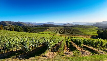 Fototapeta premium Vibrant Lush Vineyard With Evenly Spaced Rows Of Grapevines Stretching Towards Distant Rolling Hills And Mountains Under Clear Blue Sky Du Daytime