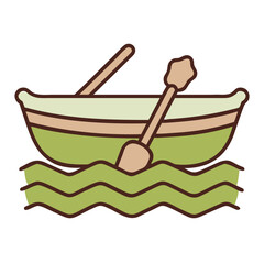 Green rowboat with oars floating on wavy water