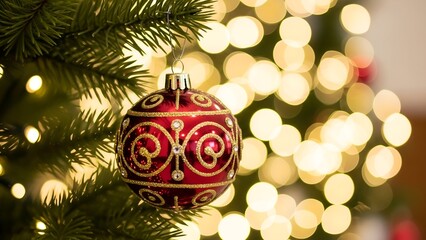 Close-up of a decorated red ball ornament hanging on a festive Christmas tree