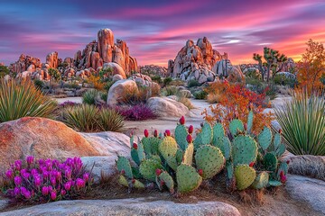 Joshua Tree National Park Sunset Cactus with Rocks, and and Desert Vista with Colorful Sky.