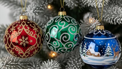 Close-up of three festive, decorative ornaments hanging on a snowy artificial tree
