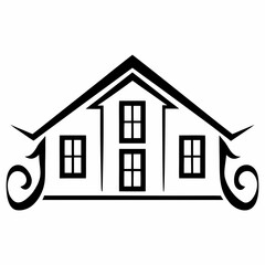 Stylized black and white house icon with decorative elements