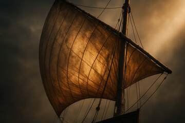 Dramatic view of a sailboat's sail against a moody, overcast sky